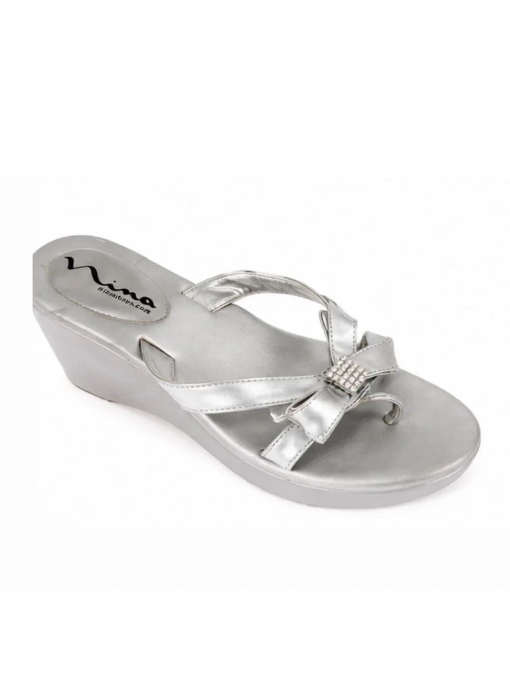 Nina Silver Wedge Thong Sandal with RhinestoneDecorative Bow
